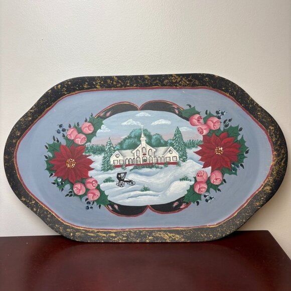 Hand Painted Wood Oval Serving Tray Christmas Theme Victorian Style OOAK - Picture 1 of 5